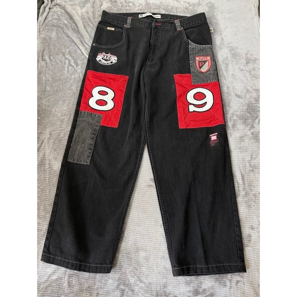 Vintage Paco Jeans Black Red Baggy Wide Leg Hip Hop Denim Pants 38x31 90s Y2K